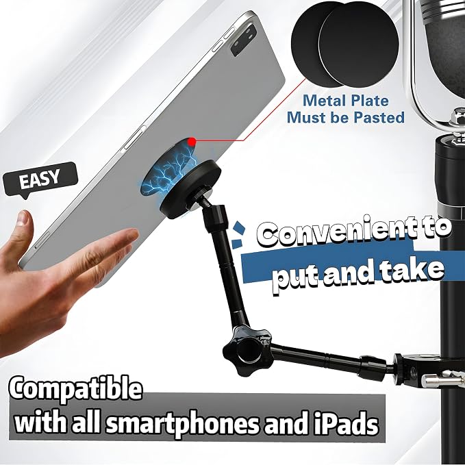 Magnetic Tablet Holder for Mic Stand, Full Metal Phone & iPad Music Stand, Compatible with All Models of iPad and iPhone Devices, Adjustable at Any Angle - Image 3