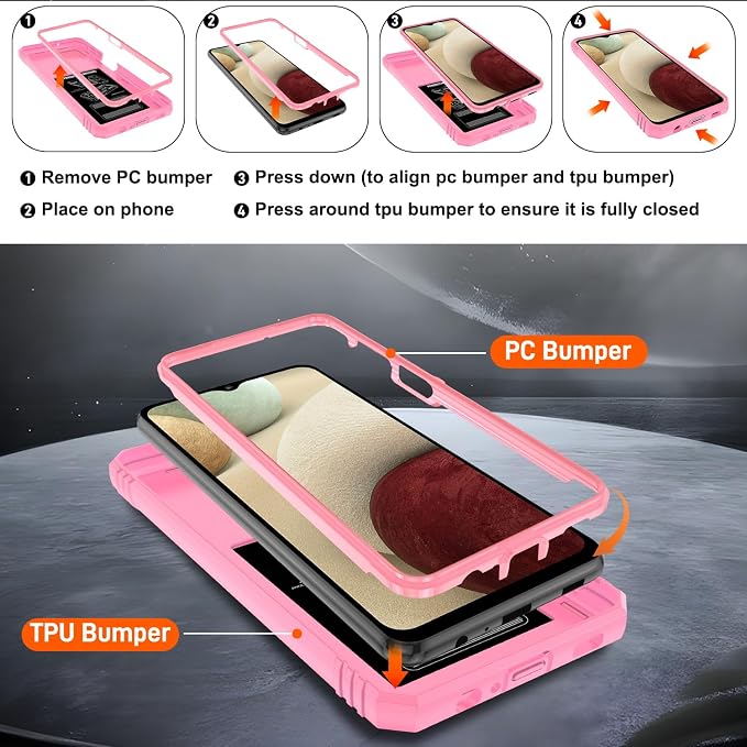 Gritup for Galaxy A12 Phone Case Military-Grade Shockproof with Kickstand | with 2 PCS Screen Protector, Slide Camera Cover, Heavy Duty Outdoor Protection Full Body Funda para Galaxy A 12 Cover-Pink - Image 4