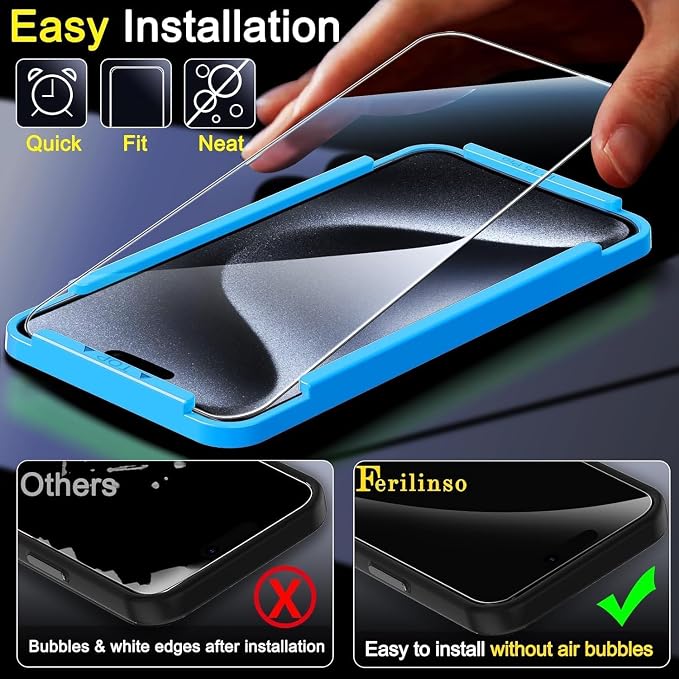 Ferilinso 3 Pack Screen Protector for iPhone 15 Pro, Tempered Glass, HD | 9H+ Hardness, Military-Grade Shatterproof, Case Friendly, Easy Installation Bubble Free, with Camera Lens Protectors - Image 5