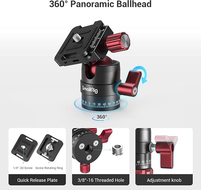 SmallRig 360 Rotating Panoramic Tripod Ball Head, Max Load 5kg / 11lbs | 360 Ballhead with 1/4 inch Quick Shoe Plate, for Tripod Monopod Slider DSLR Camera Camcorder - Image 4
