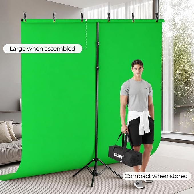 Emart 7x8ft Green Screen Backdrop Kit with T-Shape Stand and 6 Clamps | Reverse folding base for easy storage & transport，perfect for Photography, Photoshoot, Studio Video Recording, Streaming - Image 3