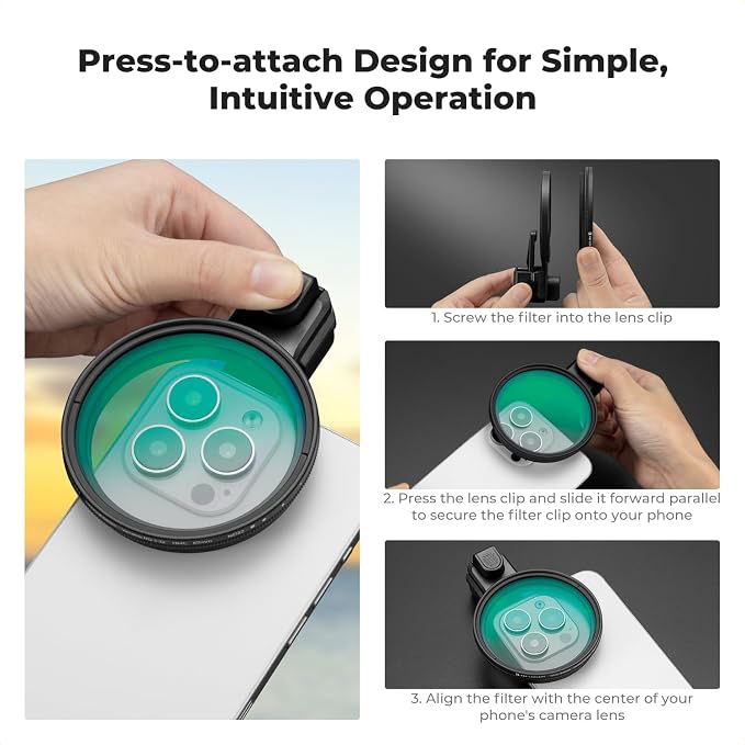 K&F CONCEPT 67mm Press-on ND2-32 Phone Lens Filter Kit | Multi-Coated VND Filter Compatible with iPhone 17/16/15/14/13/12 Standard, 16/15/14/13/12 Pro/Pro Max, FP102 - Image 5