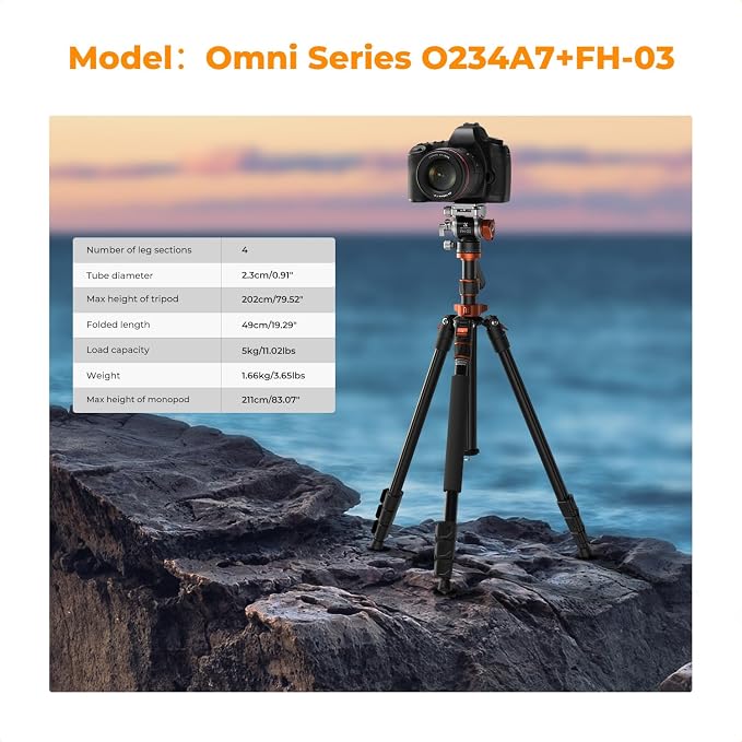K&F CONCEPT 83" Camera Video Tripod for DSLR | Compact Aluminum, 360° Panorama Fluid Head, Travel, Video, Live Streaming, Vlogging, Payload 11lb, O234A7+FH-03 - Image 2
