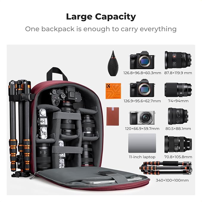 K&F CONCEPT Camera Backpack, DSLR/SLR/Mirrorless Photography Camera Bag | 14in Laptop Compartment & Rain Cover, 600D Fabric for Travel & Daily, Men & Women, Dual-Mode Detachable Dividers, Red, B19 - Image 4