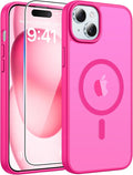 FNTCASE for iPhone 15/14/13 Case, Fit for Magsafe, Glass Screen Protector | Translucent Matte, Magnetic Phone Cases, 14FT Military Grade Drop Protection, Slim Shockproof Protective Cover, Hot Pink by FNTCASE