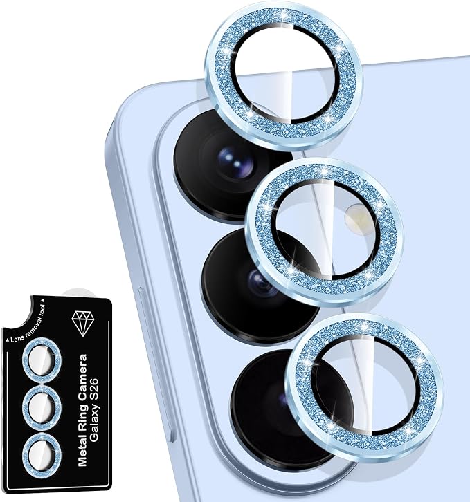 for Samsung Galaxy S26 Camera Lens Protector, Individual Metal Ring Tempered Glass Lens Cover, [Strong Adsorption] Scratch Resistant Ultra-Thin HD Clear Lens Cover, 1 Set-Blue Sparkly by Btscase