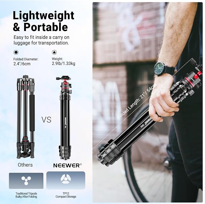 NEEWER Basics 66.5"/169 cm Travel Tripod for Camera, Lightweight Portable DSLR Stand with Ball Head, Arca Type QR Plate, Cell Phone Holder Compatible with iPhone Video Recording, Max Load 11 lb, TP12 - Image 2