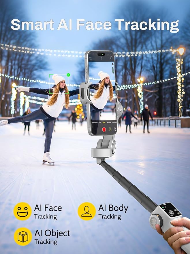 AOCHUAN Smartphone Gimbal Stabilizer for iPhone & Android, 3-Axis Phone Gimbal with Bluetooth Remote Control, Built-in 7.8” Extendable Rod, Face Tracking, Video Stabilizer – Smart V8 Kit White - Image 5
