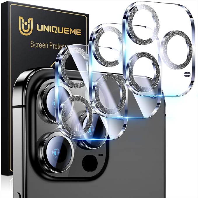 UniqueMe for iPhone 15 Pro/15 Pro Max Camera Lens Protector-Glitter Black | 3 Pack, Drop Protection, Case Friendly, 9H Tempered Glass, Camera Cover Screen, Update New Version by UniqueMe