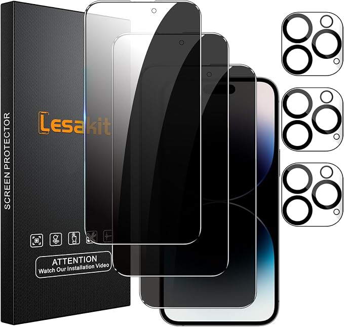 Lesakit 3+3 Pack Privacy Screen Protector for iPhone 14 Pro 6.1-Inch with 3 Pack Camera Lens Protector, Anti Spy Tempered Glass Film 9H Hardness Bubble Free Case Friendly by Lesakit