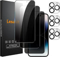 Lesakit 3+3 Pack Privacy Screen Protector for iPhone 14 Pro 6.1-Inch with 3 Pack Camera Lens Protector, Anti Spy Tempered Glass Film 9H Hardness Bubble Free Case Friendly by Lesakit