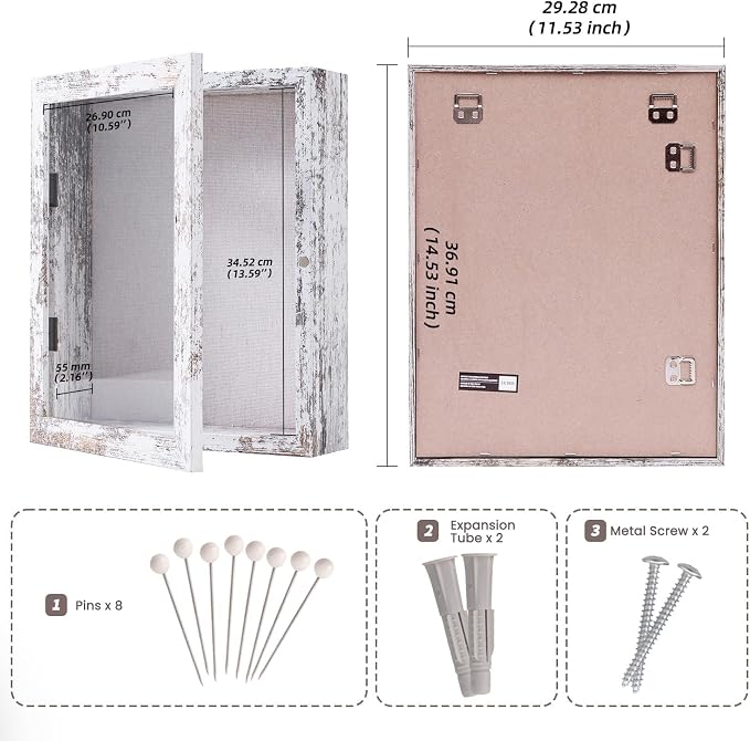 Muzilife 11x14 Shadow Box Picture Frame, 2.16 Deep, HD Glass, Rustic White | FSC-Wood, Magnetic Door, Linen Interior & Pins, Vertical, Horizontal Wall Hanging, Display Case Frame for Photos & Keepsakes - Image 3