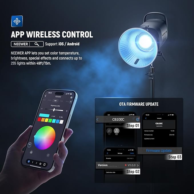 NEEWER CB100C 130w RGB LED Video Light, APP/2.4G Control 360° Full Color 2700K-6500K 27000lux/m COB Bowens Mount Silent Continuous Output Lighting TLCI/CRI97+ 17 Scenes for Video Recording Photography | 2700K-6500K, 27000lux/m, COB, Bowens Mount Silent... - Image 5