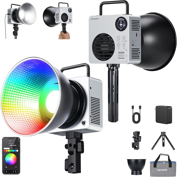 NEEWER 80W RGBWW LED Video Light with 72Wh Battery, 100W PD Fast Charger, APP/2.4G Control, 10400lux/m 2500K-7500K, Mini RGB Bowens Mount Studio Photography Recording Continuous Output Lighting, HB80C by Neewer
