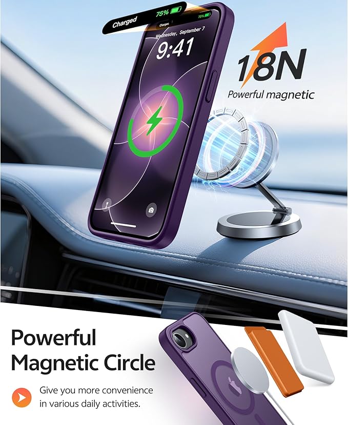 FNTCASE for iPhone 17e/ iPhone 16e Case, Fit for Magsafe, Screen Protector | Translucent Matte Magnetic Back, 14FT Military Grade Drop Protection, Shockproof Protective Phone Cover, Purple - Image 3