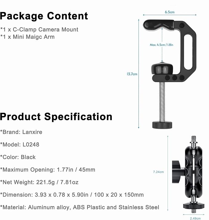 Camera Clamp Mount C Clamp with 1/4'' Screw Magic Arm - Perfect for Cameras, LED Video Lights, Monitors, Flash, Desk, Microphone, Action Camera - Image 9