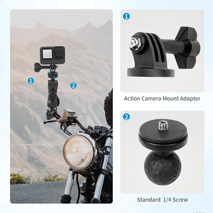 Bike Motorcycle Camera Mount Bundle Kit, 1/4" Screw & Tripod Mount Adapter, 360°Rotating Ball Head Base - Super Clamp Mounting for Most Action Camera, Rearview Mirror(0.35"-0.47") 75015 - Image 2
