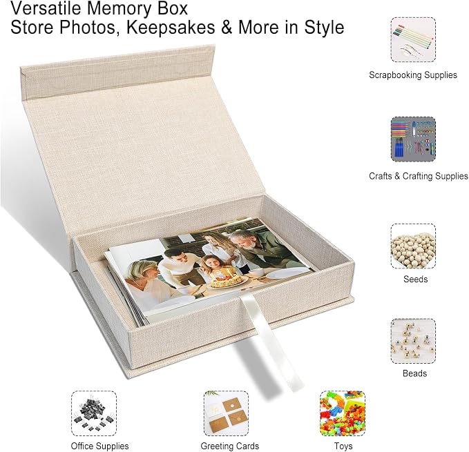 5x7" Archival Photo Storage Box with Lid – Stackable Memory Keepsake Organizer for Photos, Certificates, Jewelry & Scrapbooking Supplies, Photo Cases and Postcard Keeper Storage Container Box Beige - Image 2