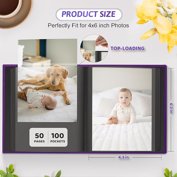 Popotop 4x6 Photo Album Holds 100 Pictures, Vegan Leather Hardcover | 100 Photos Capacity, Acid-Free Clear Slip-In Pockets, Compact Format, Front Photo Window, Gifts for Family Wedding Baby - Image 3