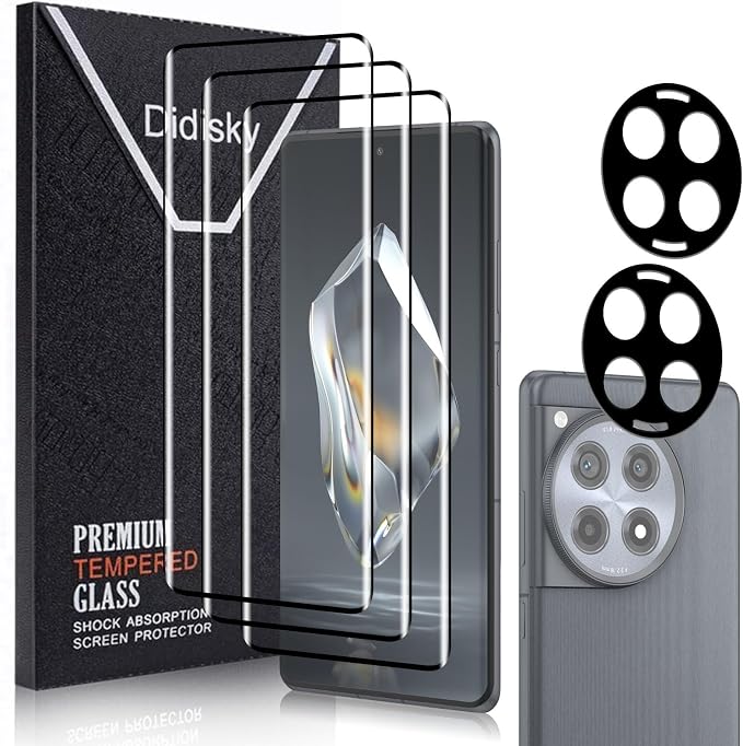 Didisky 3+2 Pack Screen Protector for Oneplus 12R(Not for 12,12 Pro) Tempered Glass and Camera Lens Protector, Easy to Install, 3D Curved Full Coverage,Bubble Free,9H Hardness,Scratch-Resistant by Didisky