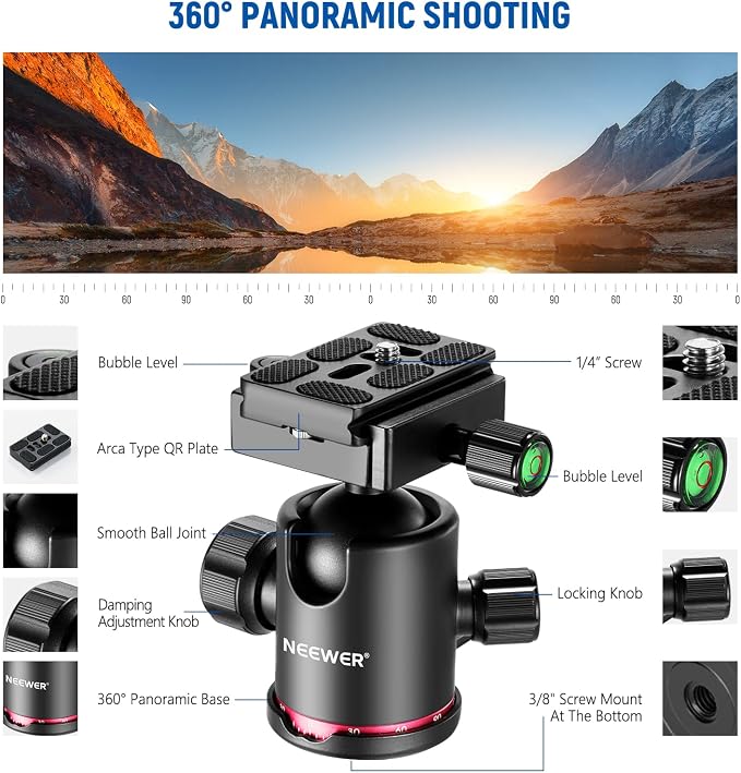 NEEWER N55CR Upgraded 80.7" Carbon Fiber Camera Tripod Monopod Travel Stand | With Telescopic 2 Section Center Axis, 360° Panorama Ballhead, 1/4" Arca Type QR Plate, ø28mm Column, Max Load 26.5lb - Image 8