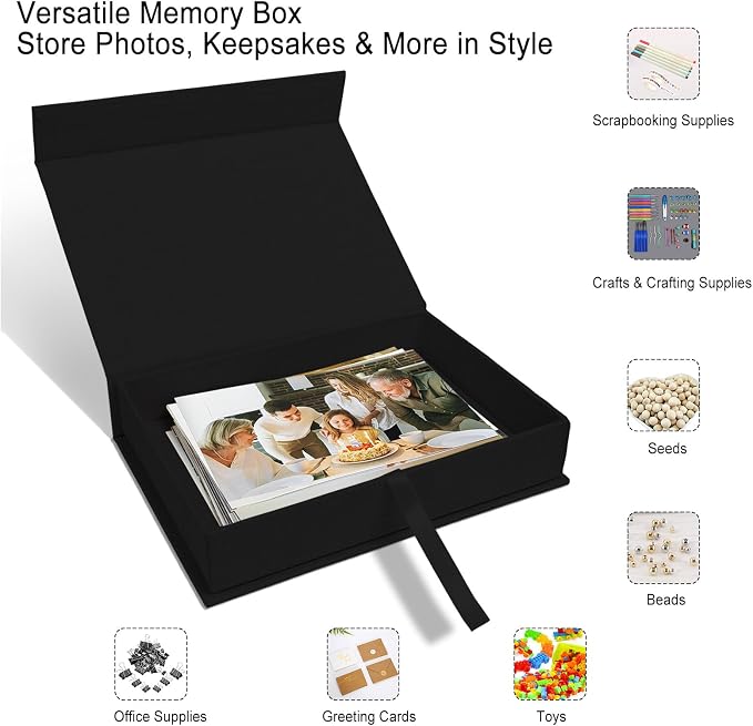 5x7" Archival Photo Storage Box with Lid – Stackable Memory Keepsake Organizer for Photos, Certificates, Jewelry & Scrapbooking Supplies, Photo Cases and Postcard Keeper Storage Container Box Black - Image 2
