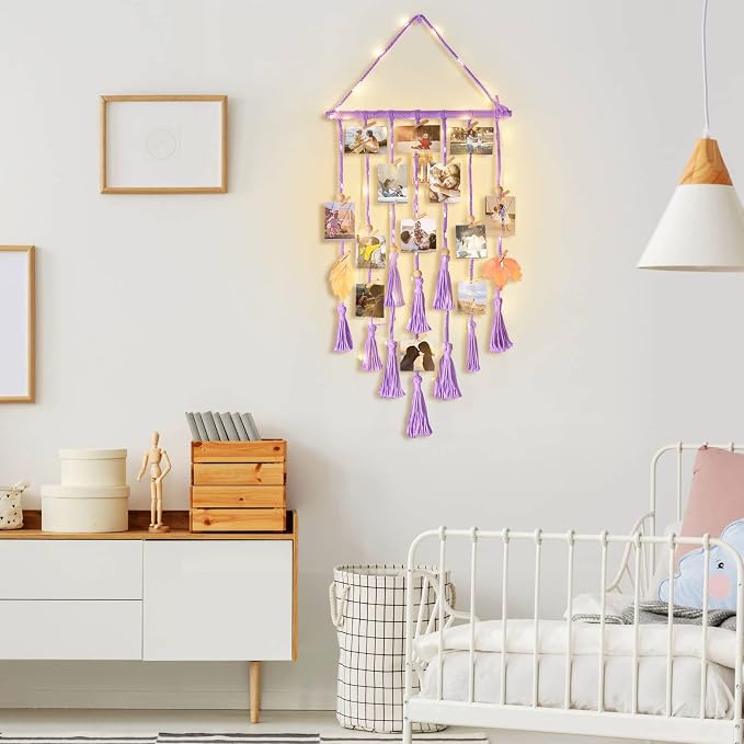 Homecor Hanging Photo Display Wall Decor, Purple Macrame Hanging Boho Room Bedroom Decor, Picture Frame Collage with Light 30 Clips, Christmas Teenage Teen Girl Gifts Ages 10 11 12 13 14 Years Old - Image 2