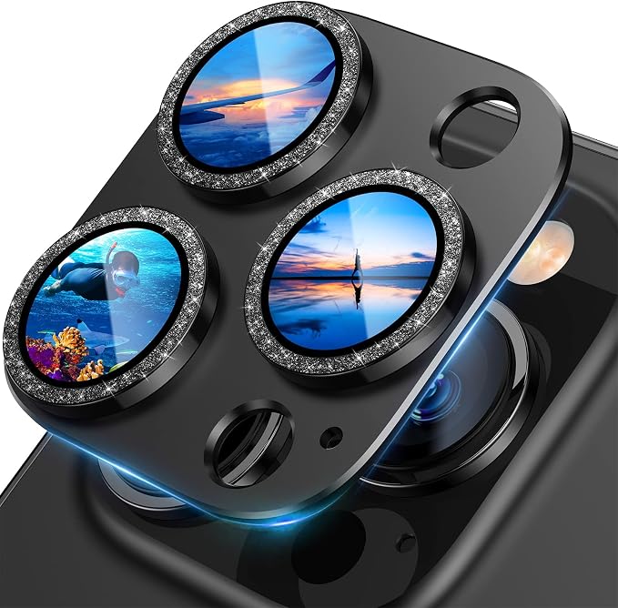 UniqueMe for iPhone 13 Pro/iPhone 13 Pro Max Camera Lens Protector-Black | Strong Drop Protection, Metal Ring, Tempered Glass, Rear Camera Screen Cover, Bling Cicrle by UniqueMe