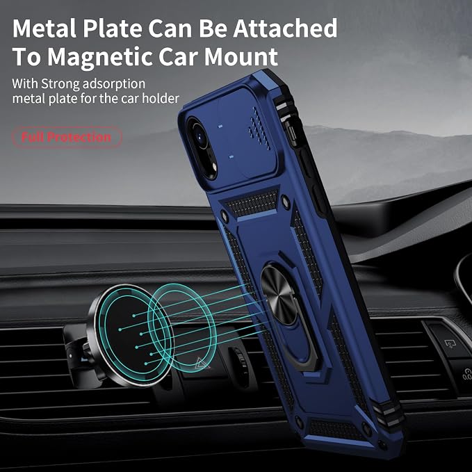 for iPhone XR Case with Camera Lens Cover, HD Screen Protector, 10 FT Military Grade Drop Protection, Magnetic Ring Holder Kickstand Protective Phone Case, Navy Blue - Image 2