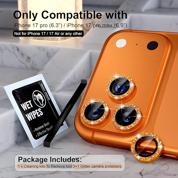 Choiche for iPhone 17 Pro/iPhone 17 Pro Max Camera Lens Protector | Ultra HD, Bling 9H Tempered Glass Camera Cover Screen Protector Metal Ring Decoration Accessories (Glitter-Orange) - Image 2