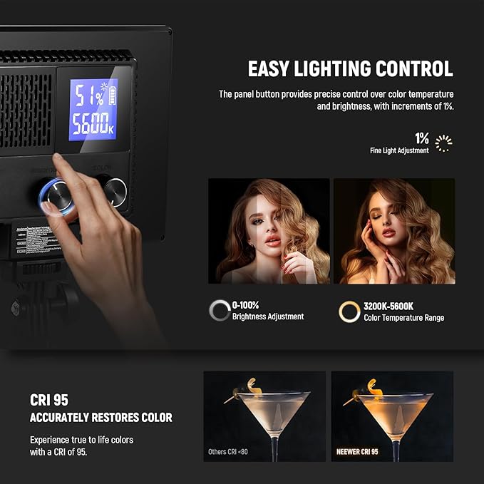NEEWER 9" LED Video Light Panel, Dimmable DSLR Camera Soft Lighting | 4000mAh Rechargeable Battery, USB C Ports, 3200K-5600K CRI95+ 600Lux for Photography Video Recording Live Streaming, NL-116AI - Image 3