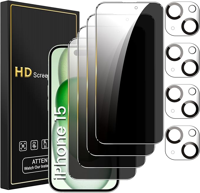 Romkasi 4 Pack Privacy Screen Protector for iPhone 15 6.1 Inch with 4 Pack Camera Lens Protector, Anti Spy Tempered Glass Film, Anti-Scratch, Touch Sensitive, Case Friendly by Unknown