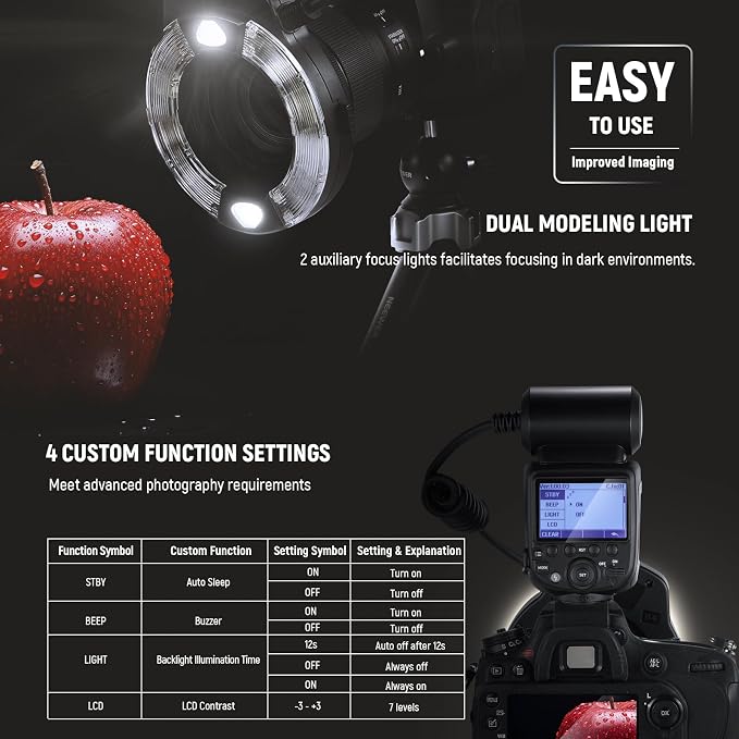 NEEWER RF1-N Marco Ring Flash Light Compatible with Nikon Camera, 76Ws GN15 5600K TTL Lighting 1-1/128 Output Front/Rear Curtain Sync Color Gels, Lens Adapter Rings for Macro Photography Studio Photo - Image 7