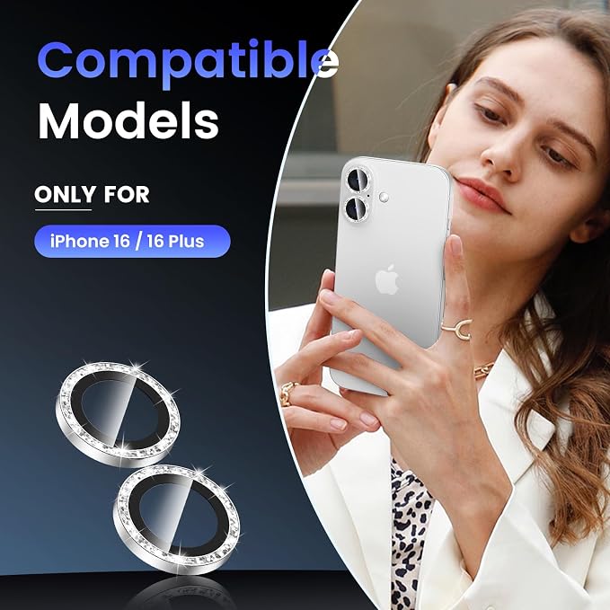 Tensea for iPhone 16/16 Plus Camera Lens Protector Bling, Camera Cover | 9H Tempered Glass Camera Screen Protector, Metal Individual Ring for iPhone16 6.1inch/ 16Plus 6.7inch, HD Clear, Easy Install - Image 2