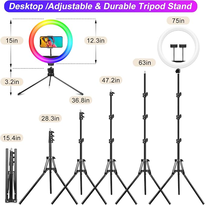 STALLY 12.3" Ring Light with Stand, 75" Tripod and Desk Tripod, 2 Holders | Ring Light Tripod with 3 CCT Mode, 96 Color Modes, Wireless Remote, Great Selfie Light for Live Stream/Makeup/YouTube/TikTok - Image 6