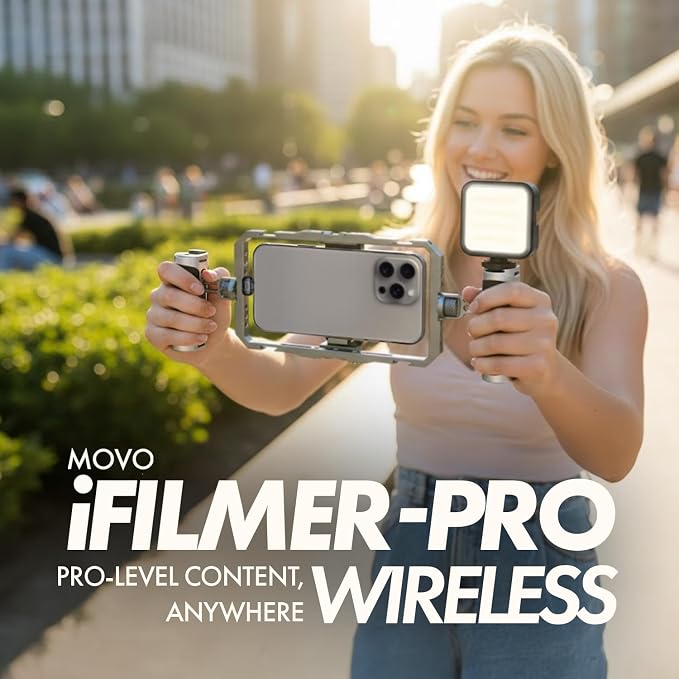 Movo iFilmer-PRO Smartphone Video Rig Kit – Stabilizer Cage with Dual Grips, Wireless Lavalier Microphones & Tripod for iPhone/Android - Image 3
