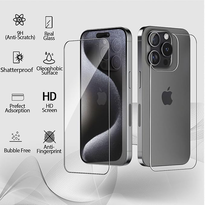 Front and Back Protector for iPhone 15 Pro + Camera Lens Protector | (2+2+2) 9H Hardness, Easy to Install with Alignment Tool,Case Friendly - Image 2