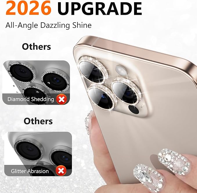 YWXTW [All-Over Glitter] Camera Lens Protector for iPhone 17 Pro Max/17 Pro/16 Pro Max/16 Pro/15 Pro Max/15 Pro/14 Pro/Max, 9H Tempered Glass Camera Cover, Anti-Scratch Case Friendly (Desert Gold) - Image 2