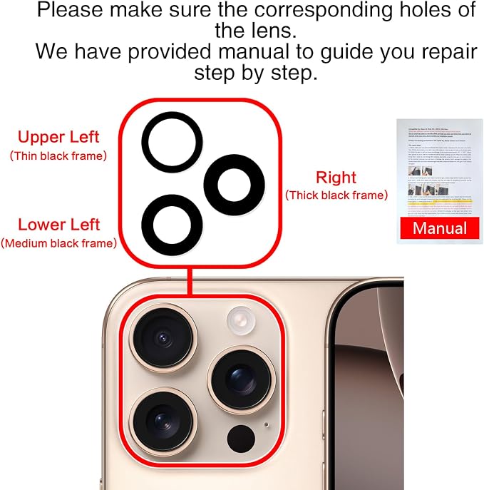 2PCS ASDAWN Back Rear Camera Lens Glass Replacement for iPhone 16 Pro Max and 16 Pro Camera Glass Lens Replacement with Pre-Installed Adhesive + Repair Tool Kit + Installation Manual - Image 6