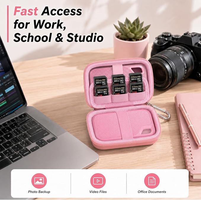 Comecase Dual SSD Case for SanDisk Extreme Portable SSD and Extreme PRO | Holds 2 Drives & 12 SD Cards, Elastic Strap Fit 500GB/1TB/2TB/4TB/8TB, Cable Groove & Carabiner for Travel, Pink, Box Only - Image 8