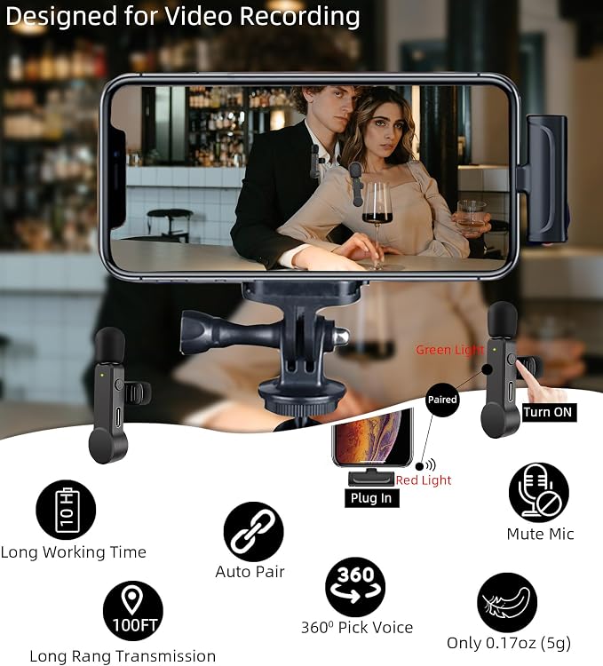 NPTCL Mini Wireless Microphone USB C for iPhone 17/16/15, Android Phone | Noise Canceling Clip on Mic,10 Hour Battery Life, 100Ft Transmission for Video Recording Vlogging Streaming Youtube Tiktok - Image 2