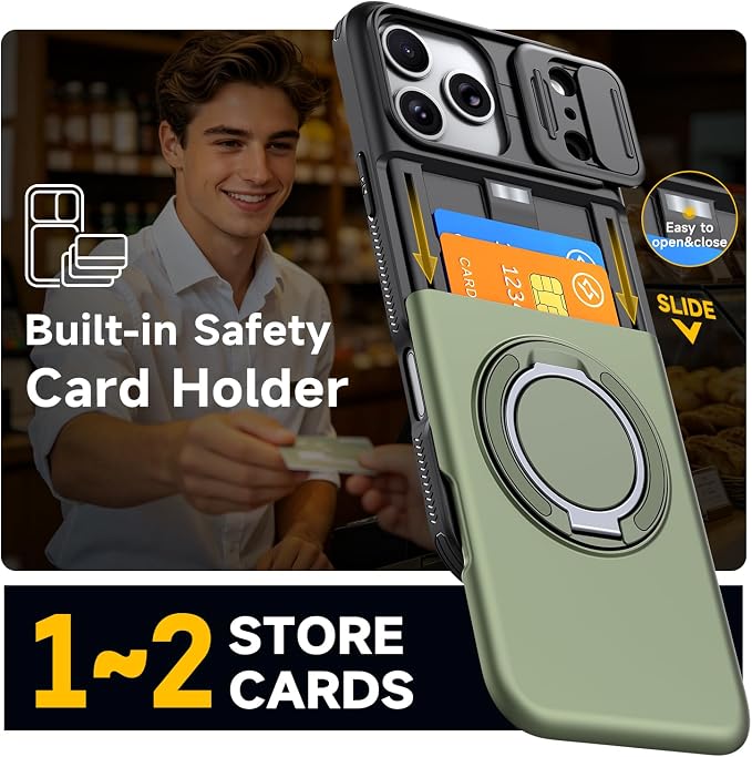 for iPhone 17 Pro Wallet Case with Card Holder Slide Camera Cover Ring Stand Kickstand Heavy Duty Protective Case with Screen Protector for iPhone 17 Pro (Deep Green) - Image 3