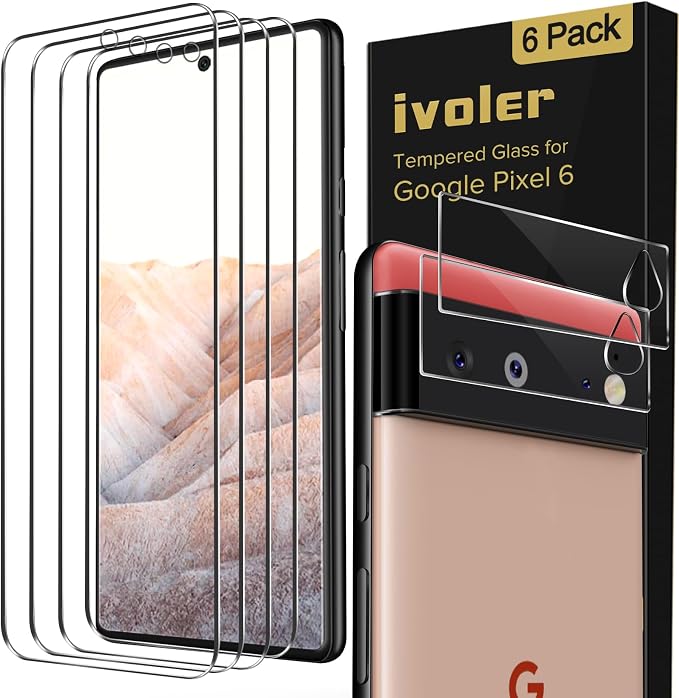 ivoler Screen Protector for Google Pixel 6 6.4" Tempered Glass 6-Pack | [Fingerprint Unlock Compatible], 9H Hardness, Bubble Free, Easy Install Frame for Pixel 6 6.4 inch by iVoler