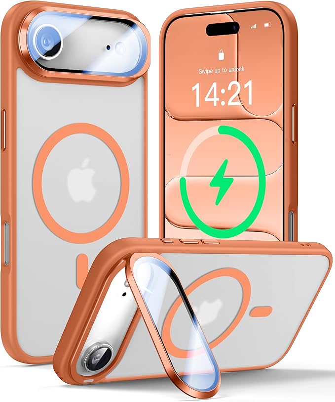 VOFATA [Upgraded Full Camera Protection] for iPhone Air Case with Camera Cover Stand [Fit for MagSafe][10FT Mil-Grade Protection] Translucent Magnetic Phone Cover for iPhone 17 Air Case, Orange by VOFATA