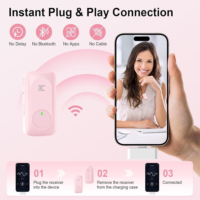 EX Wireless Lavalier Microphone System, Dual Clip-On Mics + Charging Case, 164ft Range Plug-and-Play for iPhone/Android, Advanced Noise Reduction, 48H Runtime-Video Recording, TikTok, YouTube, Pink - Image 6