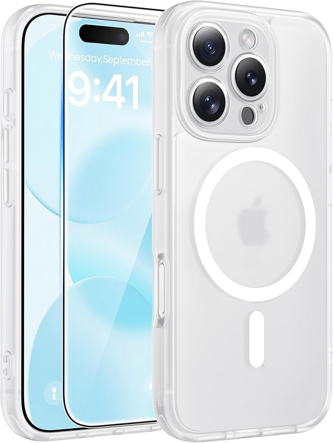 FNTCASE for iPhone 16 Pro Max Case, Fit for Magsafe, Glass Screen Protector | Full Camera Protection, Translucent Matte, 14FT Military Grade Drop Proof, Shockproof Protective Phone Cover, White by FNTCASE