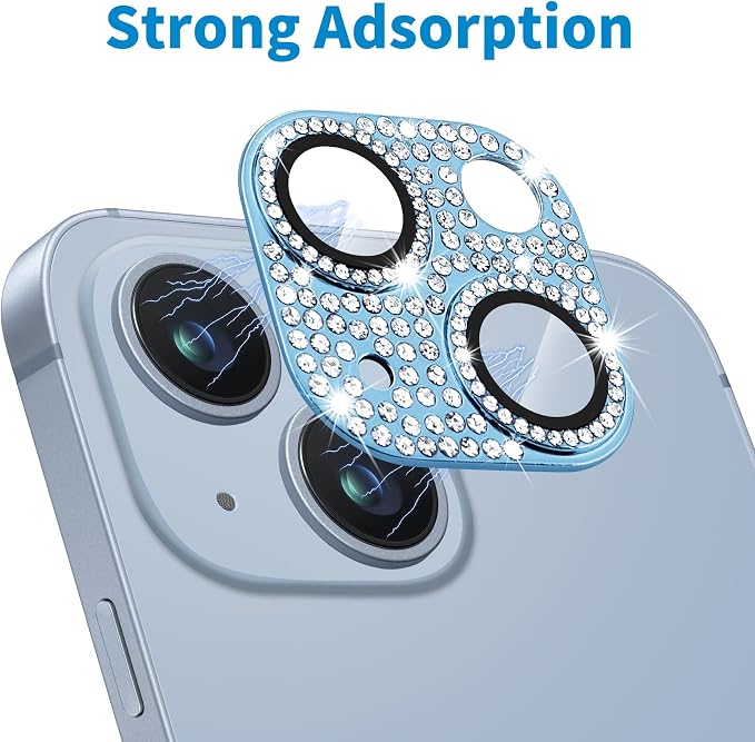 for iPhone 14 and iPhone 14 Plus Camera Lens Protector, Bling 3D Rhinestone Sparkle Diamond 9H Tempered Glass Camera Cover Anti Scratch Shockproof Lens Screen Full Protective Cover,Blue - Image 4