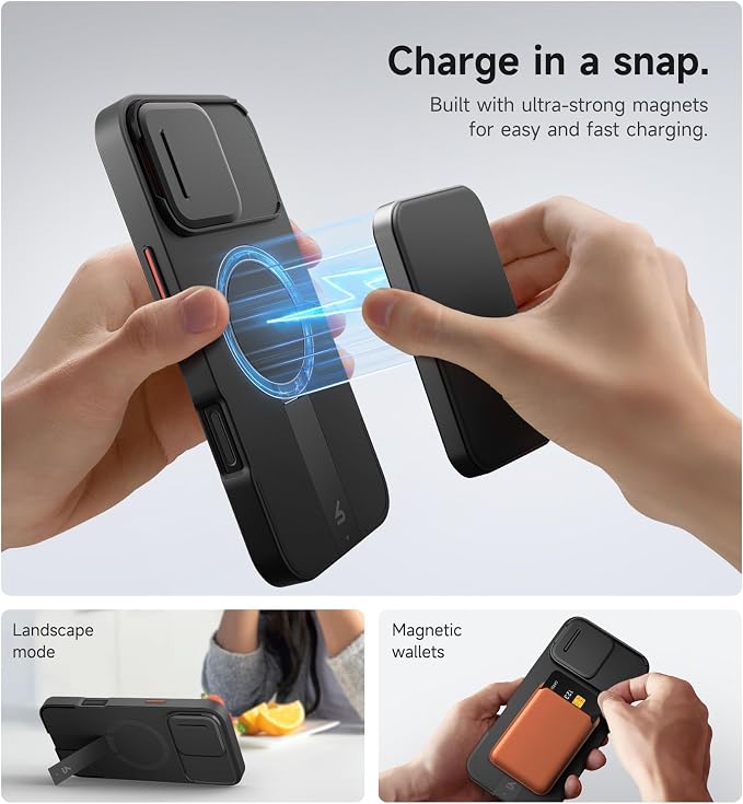 SURITCH for iPhone 16 Pro Max Case with Magnetic Camera Slide Cover and Adjustable Kickstand, Compatible with MagSafe, Shockproof Bumper Case Slim Protective Cover 6.9 Inch, Black - Image 3