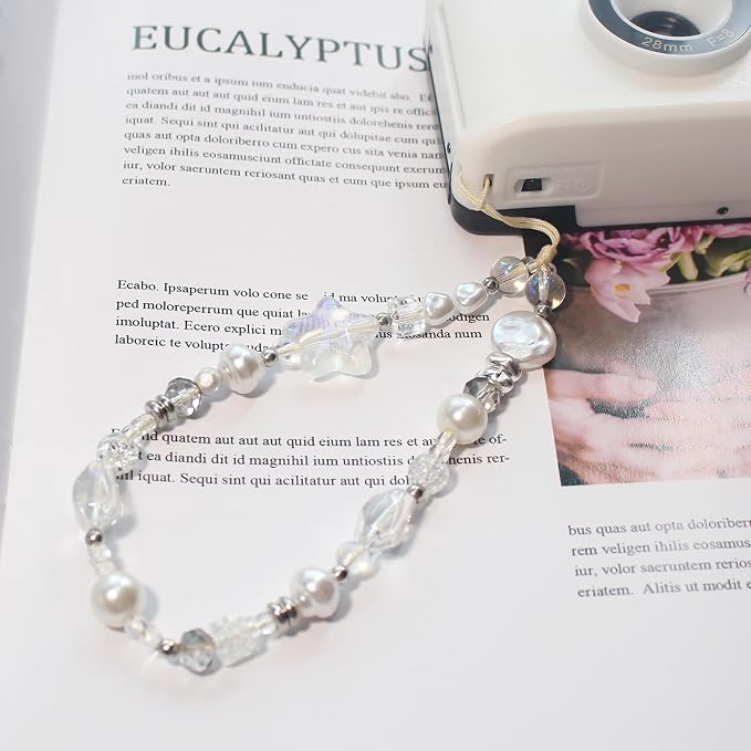 Beaded Camera Wrist Strap,Cute Phone Charm Decor,Pearl Bracelet Wrist Strap | Phone Keychain Decoration for Wallet,Durable Nylon Rope Lanyard,Compatible with all Phone Case,Silver Star - Image 4