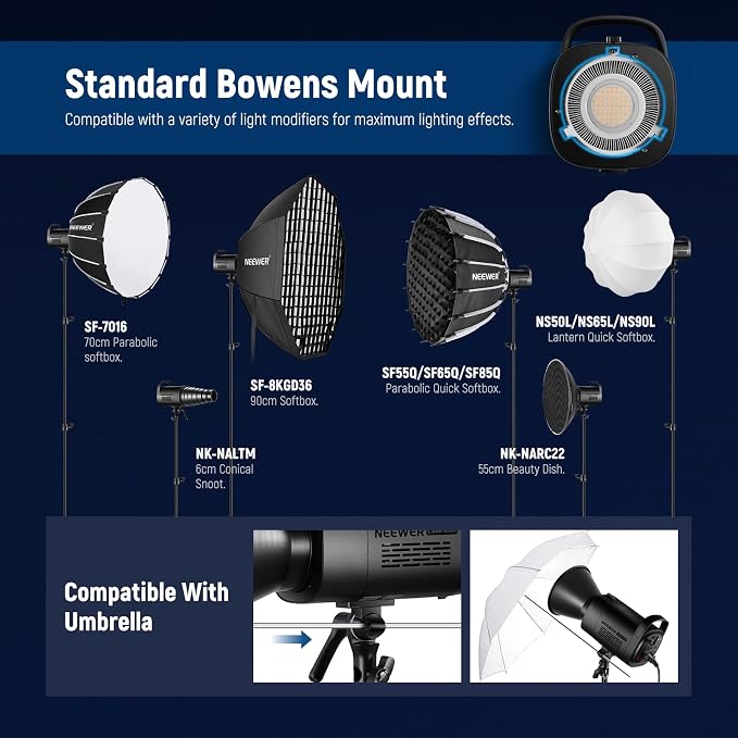 NEEWER CB60 RGB 70W LED Video Light with App Control, Bowens Mount COB Full Color Continuous Output Lighting 18000Lux/1m CCT 2700K-6500K CRI97+ 17 Scenes for Photography/Studio Video Recording - Image 8